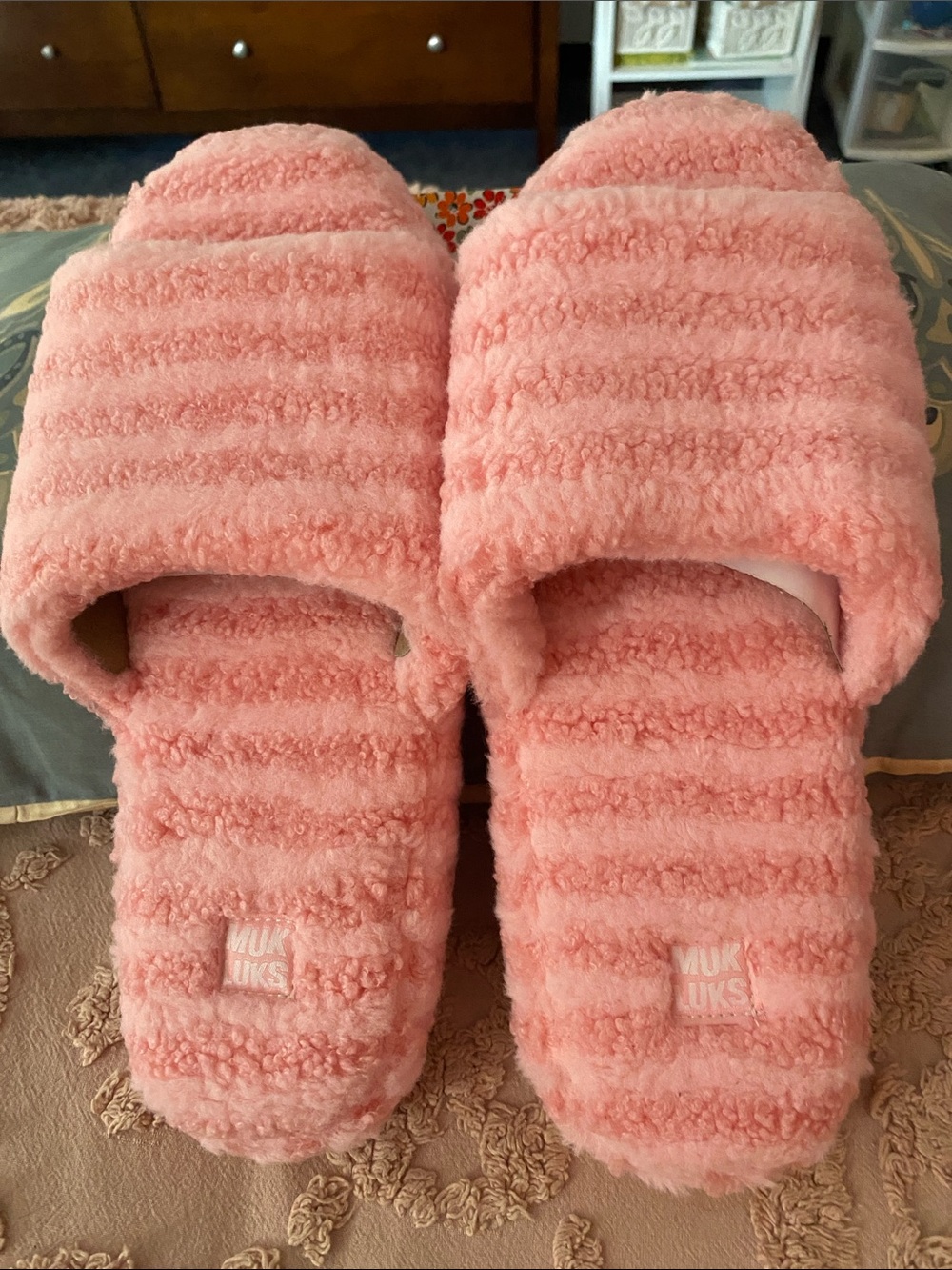 Muk Luks Plush Slide Slippers in Coral Pink